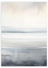 Gerahmtes Wandbild mit nebliger Landschaft, diffusem Horizont, weichen Wolken und Flächen in Graublau, Cremeweiß und Hellbeige, im ruhigen Natur- und Landschaftsstil. Erhältlich auf kudeko.com