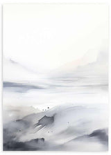 Wandbild mit nebligem Horizont, sanften Hügeln, diffusem Nebel, Altweiß, Perlgrau und Graublau in einem reduzierten abstrakten Stil. Erhältlich auf kudeko.com