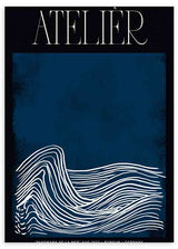 Cuadro de ilustración abstracta y minimalista con trazos en blanco sobre fondo azul oscuro y negro, texto "Atelier"