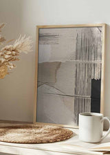 Cuadro abstracto con texturas y líneas en tonos beige y negro - kudeko.com