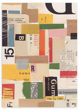 Gerahmtes Wandbild mit Collage aus typografischen Ausschnitten, alten Etiketten und Flächen in Beige, Creme, Gelb, Grün, Rot und Schwarz, im abstrakten grafischen Stil. Erhältlich auf kudeko.com