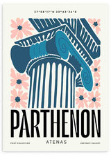 Tableau encadré avec colonne du Parthénon, reliefs classiques, fleurs roses, typographie noire et nuances bleu pétrole sur fond clair, dans un style illustré. Disponible sur kudeko.com