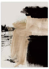 Cuadro con composición abstracta de manchas negras intensas, blanco roto y beige arena, con formas amplias y contraste sobrio de estilo abstracto. Disponible en kudeko.com