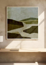 Tableau carré avec paysage de collines ondulées, chemins clairs, tons vert olive, beige et ivoire, dans un style nature et paysage épuré. Disponible sur kudeko.com
