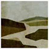 Tableau carré avec paysage de collines ondulées, chemins clairs, tons vert olive, beige et ivoire, dans un style nature et paysage épuré. Disponible sur kudeko.com