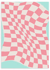Cuadro con patrón ajedrezado ondulado en rosa pastel y blanco, con bordes turquesa suaves y estilo geométrico de efecto óptico moderno. Disponible en kudeko.com