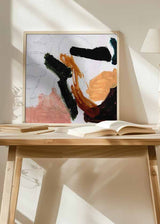 Quadro quadrado com composição abstrata de manchas em preto, terracota, bege, rosa velho e verde escuro sobre fundo claro, em estilo abstrato contemporâneo para decoração de parede. Disponível em kudeko.com