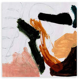 Quadro quadrado com composição abstrata de manchas em preto, terracota, bege, rosa velho e verde escuro sobre fundo claro, em estilo abstrato contemporâneo para decoração de parede. Disponível em kudeko.com