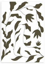 Cuadro con composición botánica de hojas y flores orgánicas en verde oliva, fondo blanco, líneas finas y estética minimalista. Disponible en kudeko.com