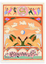 Gerahmtes Wandbild mit weißen Kaninchen unter einem zentralen Mond, tanzenden Figuren, kreisförmigem Drachen und rosa Tiger, in Pfirsich, Koralle, Grün und Creme, im dekorativen symbolischen Illustrationsstil. Erhältlich auf kudeko.com