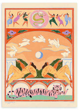 Tableau encadré avec lapins blancs bondissant sous une lune centrale, figures dansantes, dragon circulaire et tigre rose, dans des tons pêche, corail, vert et crème, style illustration décorative symbolique. Disponible sur kudeko.com