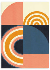 Tableau encadré avec demi-cercles, arcs concentriques et blocs géométriques en bleu profond, moutarde, rose poudré, crème et noir, dans un style rétro géométrique. Disponible sur kudeko.com