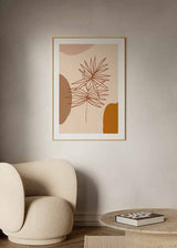 Cuadro de hojas botánicas lineales sobre fondo beige con formas orgánicas terracota y mostaza, de estilo minimalista. Disponible en kudeko.com