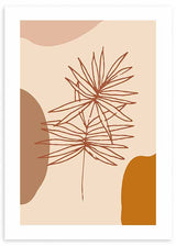 Cuadro de hojas botánicas lineales sobre fondo beige con formas orgánicas terracota y mostaza, de estilo minimalista. Disponible en kudeko.com