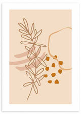 Wandbild mit botanischem Zweig in feiner Linienzeichnung, organischen Formen in Beige, Altrosa, Braun und Senfgelb, im floralen und modernen Stil. Erhältlich auf kudeko.com