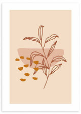 Cuadro con rama de hojas finas en línea marrón, acentos mostaza, forma rosa empolvado y fondo beige, de estilo floral. Disponible en kudeko.com