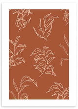 Cuadro con ramas y hojas en líneas color crema sobre fondo terracota cálido, composición botánica ligera de estilo floral. Disponible en kudeko.com