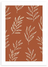 Cuadro con ramas de hojas en líneas color crema sobre fondo terracota cálido, composición botánica repetitiva de estilo floral. Disponible en kudeko.com
