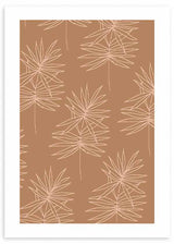 Cuadro con hojas botánicas finas y ramas delineadas en beige sobre fondo terracota cálido, de estilo floral. Disponible en kudeko.com