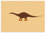Tableau horizontal avec dinosaure au long cou en brun foncé, fond beige, bottes de cowboy couleur terre cuite et style enfantin pour décoration de chambre ou salle de jeux. Disponible sur kudeko.com