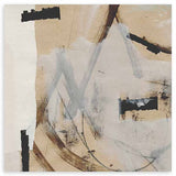 Quadratisches Wandbild mit abstrakter Komposition aus weichen Strichen, gestischen Formen, Beige, Off-White, Rauchgrau, schwarzen Details und braunen Akzenten im klaren modernen Stil. Erhältlich auf kudeko.com