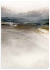 Cuadro con paisaje abstracto de horizontes difusos, niebla suave, tonos gris azulado, beige, blanco roto y tierra, de estilo abstracto. Disponible en kudeko.com