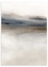 Wandbild mit abstrakter Landschaft in Elfenbein, Blaugrau, Beige und sanftem Braun, mit diffuser Komposition und abstraktem Stil für moderne Wandgestaltung. Erhältlich auf kudeko.com
