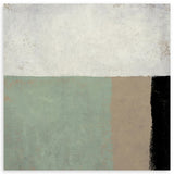 Quadratisches Wandbild mit abstrakten Blöcken in Salbeigrün, Beige, Schwarz und strukturiertem Weiß, in einem klaren zeitgenössischen und reduzierten Stil für moderne Räume. Erhältlich auf kudeko.com