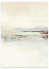 Cuadro con composición abstracta de paisaje etéreo en tonos marfil, beige, azul grisáceo y tierra, con líneas suaves y atmósfera serena de estilo abstracto. Disponible en kudeko.com