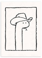 Cuadro de serpiente con sombrero vaquero, líneas negras sobre fondo blanco y composición limpia de estilo ilustración. Disponible en kudeko.com