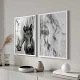 Gerahmtes Wandbild mit hellem Pferd beim Grasen zwischen hohen Gräsern, in Weiß, Grau und Schwarz, mit sanfter fotografischer Bildsprache und natürlichem Stil. Erhältlich auf kudeko.com