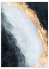 Quadro emoldurado com composição abstrata de formas nebulosas em branco, azul acinzentado, preto profundo e detalhes dourados luminosos, de estilo contemporâneo. Disponível em kudeko.com