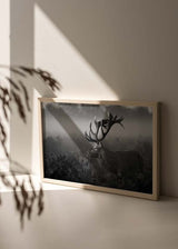 Quadro horizontal com veado de grande galhada entre vegetação e névoa, em tons de cinzento, preto e branco, de estilo fotográfico. Disponível em kudeko.com