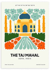 Cuadro con ilustración del Taj Mahal entre flores turquesa, detalles naranjas, jardines verdes y estanque azul sobre fondo claro, de estilo ilustración. Disponible en kudeko.com