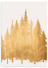 Gerahmtes Wandbild mit Silhouetten eines Tannenwaldes in Gold auf weißem Hintergrund, klare Komposition, helle Farben und zeitgenössischer Natur- und Landschaftsstil. Erhältlich auf kudeko.com