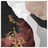 Quadratisches Wandbild mit organischen abstrakten Formen in Schwarz, Beige, Weiß, Grau und Bordeaux, goldenen Details und klar modernem Stil. Erhältlich auf kudeko.com