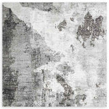 Quadratisches Wandbild mit abstrakter Komposition aus überlagerten Texturen in Off-White, Grau, Schwarz und Taupe, im klaren modernen und strukturierten Stil. Erhältlich auf kudeko.com