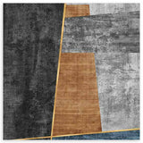 Tableau carré avec composition abstraite de formes géométriques en noir, gris, blanc cassé, ocre brun et bleu pétrole, dans un style contemporain épuré. Disponible sur kudeko.com