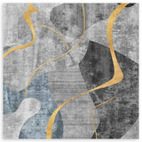 Quadratisches Wandbild mit organischen abstrakten Formen in Grau, Schwarz, Weiß, Graublau und geschwungenen Linien in Senfgelb, im modernen abstrakten Stil. Erhältlich auf kudeko.com