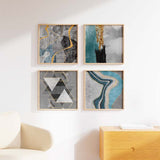 Cuadro cuadrado con composición abstracta en azul turquesa, blanco grisáceo, negro y dorado envejecido, con bloques texturizados y contraste contemporáneo de estilo abstracto. Disponible en kudeko.com