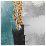 Cuadro cuadrado con composición abstracta en azul turquesa, blanco grisáceo, negro y dorado envejecido, con bloques texturizados y contraste contemporáneo de estilo abstracto. Disponible en kudeko.com