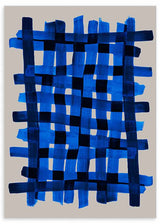 Tableau encadré avec grille abstraite de bandes entrelacées en bleu électrique, bleu cobalt et bleu marine sur fond clair, dans un style graphique contemporain et abstrait. Disponible sur kudeko.com
