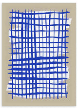 Tableau encadré avec grille irrégulière de lignes bleues, fond blanc centré, beige doux et style géométrique contemporain. Disponible sur kudeko.com
