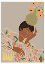 Tableau avec femme pensive allongée, robe florale translucide, vase vert avec fleurs corail, fond beige et style illustration aux lignes épurées. Disponible sur kudeko.com