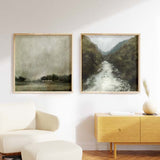 Cuadro cuadrado de paisajes con árboles en tonos grises y verdes, tienda kudeko.com