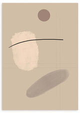 Quadro abstrato emoldurado com formas orgânicas bege, cinzento taupe, castanho suave e linha preta curva, num estilo contemporâneo equilibrado. Disponível em kudeko.com