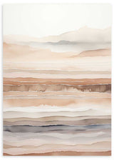 Wandbild mit abstrakter Landschaft und horizontalen Schichten in Beige, Sand, Taupe, Hellbraun und Rauchgrau, in einem ruhigen und klaren abstrakten Stil. Erhältlich auf kudeko.com