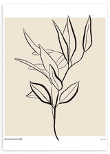 Wandbild mit botanischem Zweig, länglichen schwarzen Blättern auf hellbeigem Hintergrund, pflanzliche Komposition im minimalistischen Stil mit neutralen Farbtönen. Erhältlich auf kudeko.com