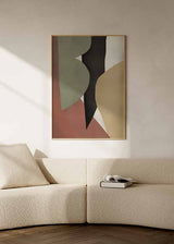 Cuadro de formas abstractas orgánicas y geométricas en verde salvia, beige arena, terracota, negro y blanco roto, de estilo abstracto. Disponible en kudeko.com