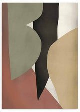 Cuadro de formas abstractas orgánicas y geométricas en verde salvia, beige arena, terracota, negro y blanco roto, de estilo abstracto. Disponible en kudeko.com